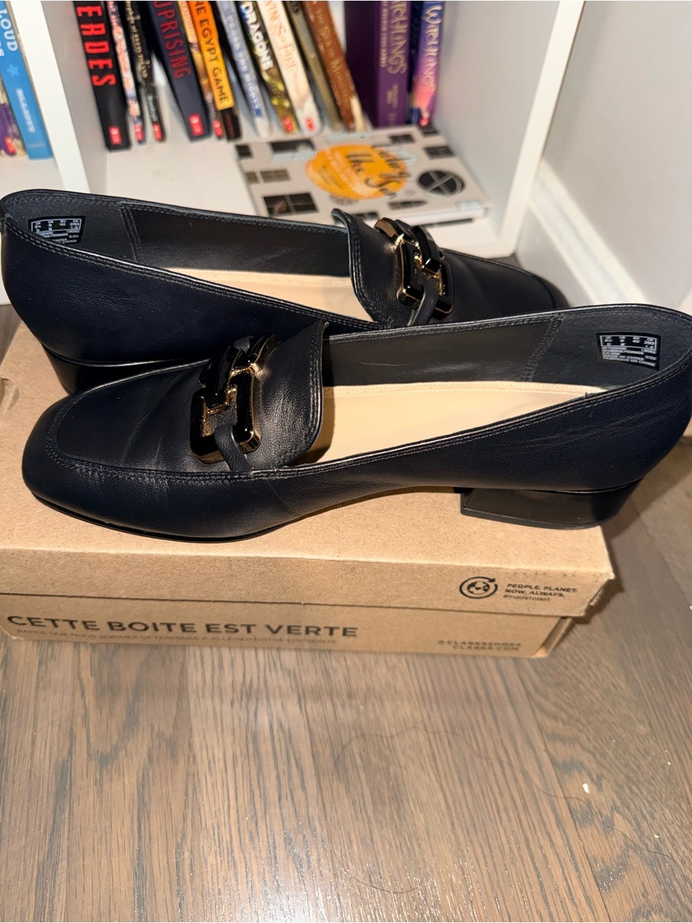 Clarks Black Leather Loafers with Gold Chain Accent